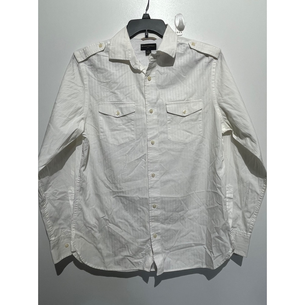 Banana Republic Mens White Pinstripe Military Button Up Shirt Medium Epaulettes
